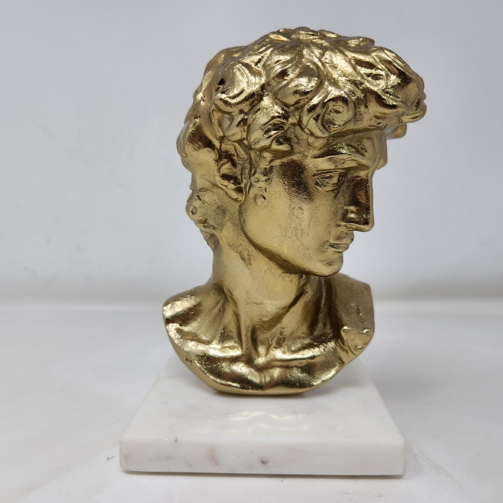 Gold Michelangelo David Bust Statue on White Marble Base Made in India 6.5 inch